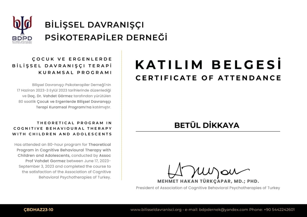 Manisa Psikolog - Betül Dikkaya - Sertifika