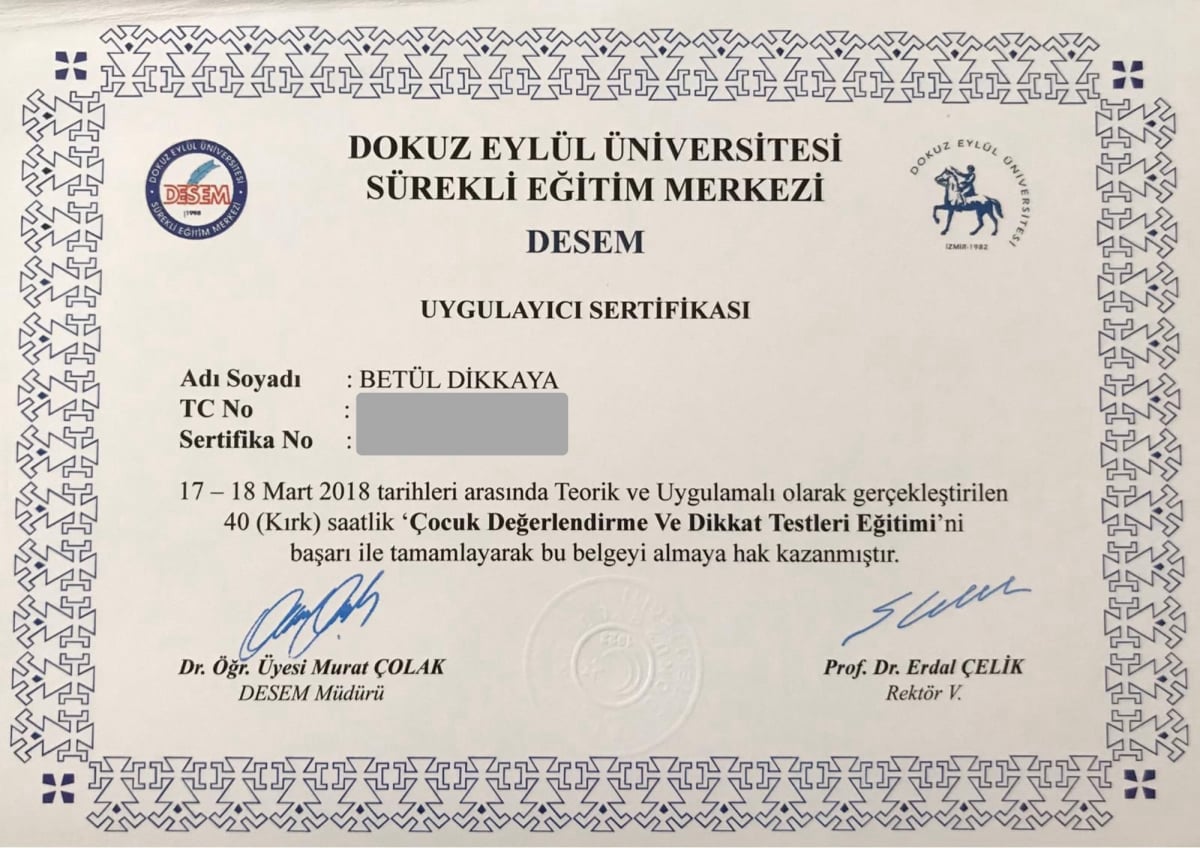 Manisa Psikolog - Betül Dikkaya - Sertifika