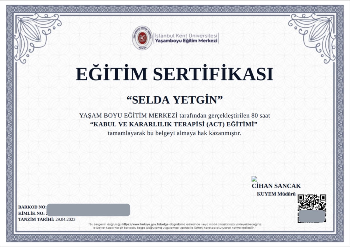 Manisa Psikolog - Selda Yetgin - Sertifika