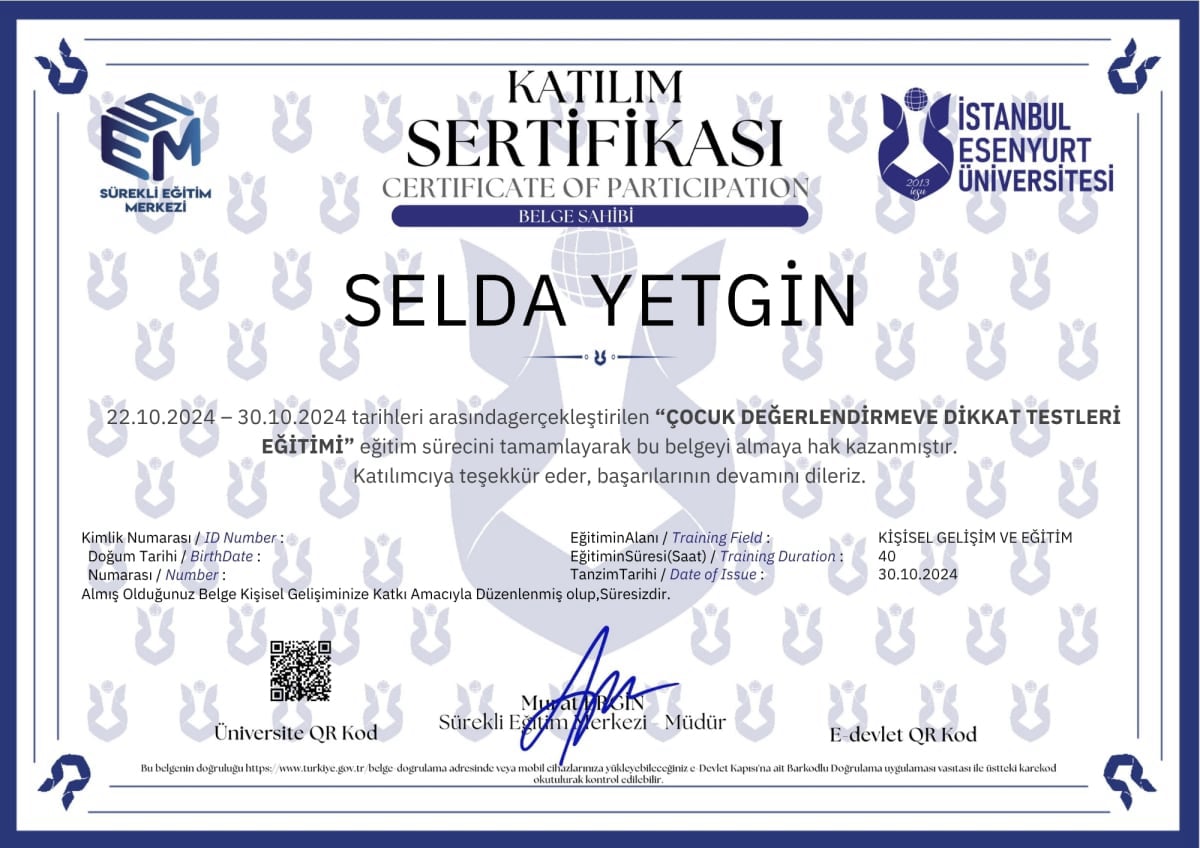 Manisa Psikolog - Selda Yetgin - Sertifika