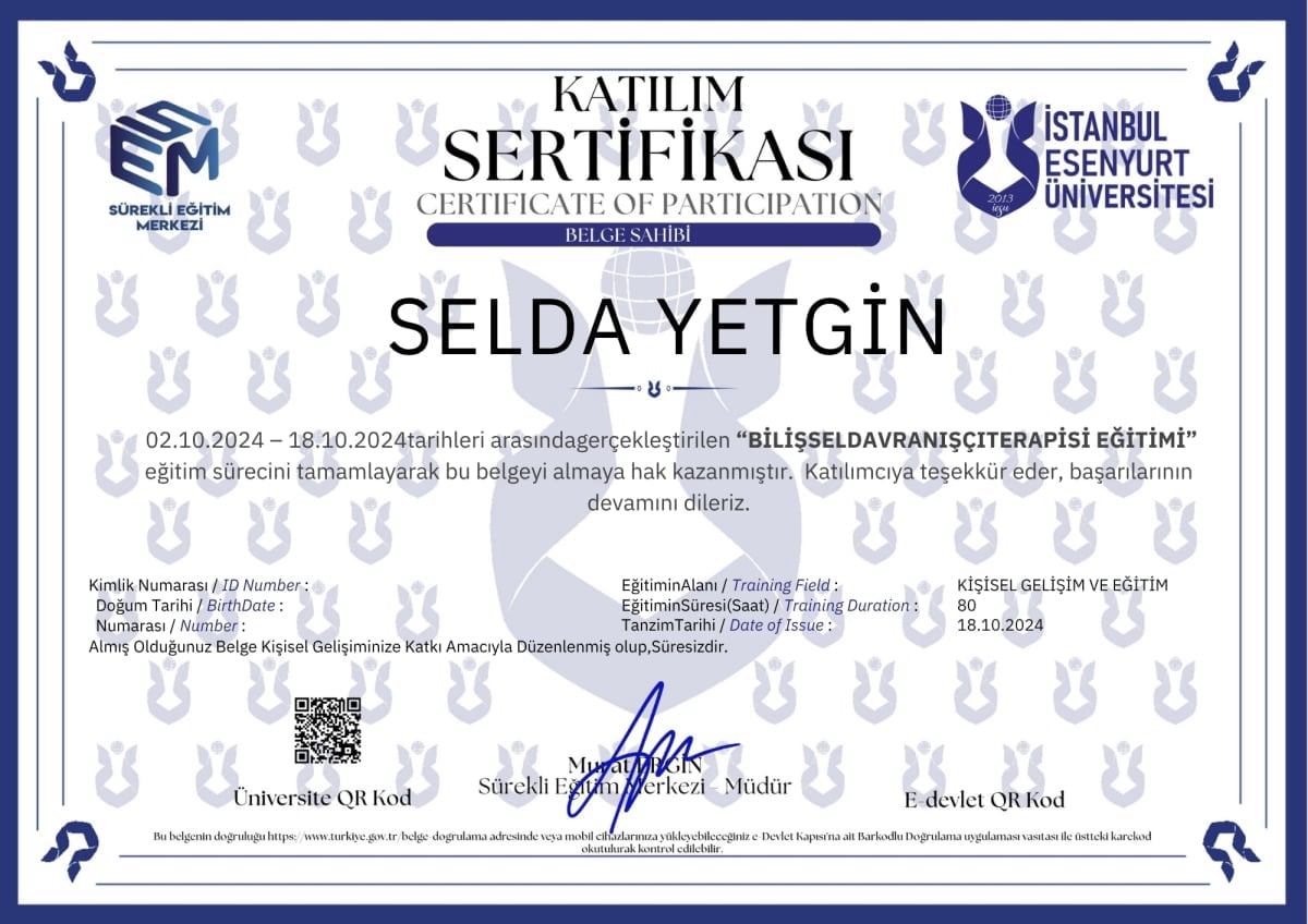 Manisa Psikolog - Selda Yetgin - Sertifika