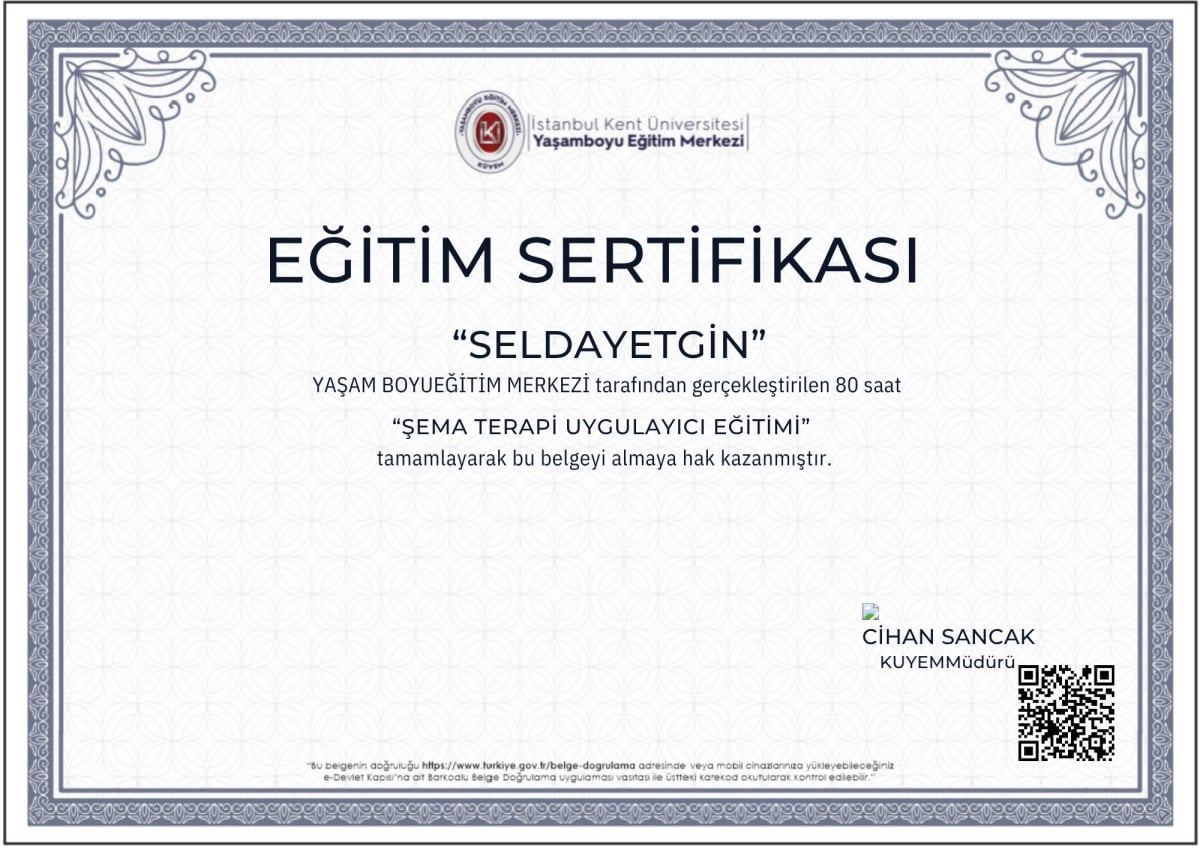 Manisa Psikolog - Selda Yetgin - Sertifika