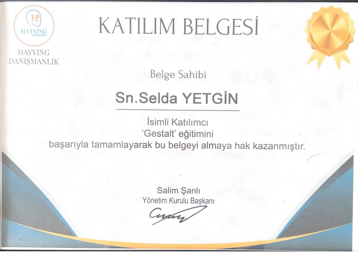 Manisa Psikolog - Selda Yetgin - Sertifika