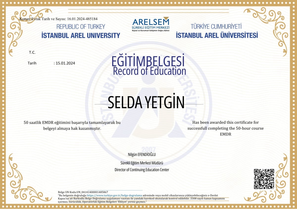 Manisa Psikolog - Selda Yetgin - Sertifika