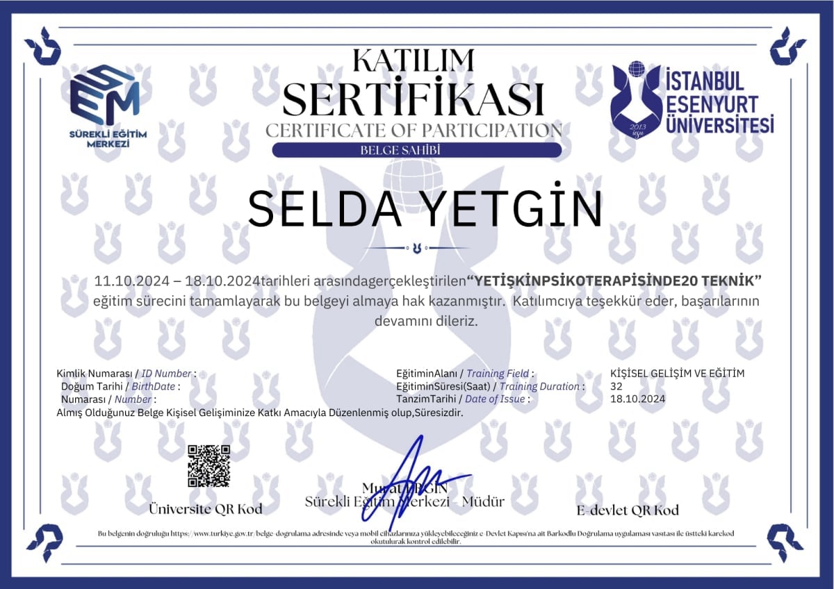 Manisa Psikolog - Selda Yetgin - Sertifika