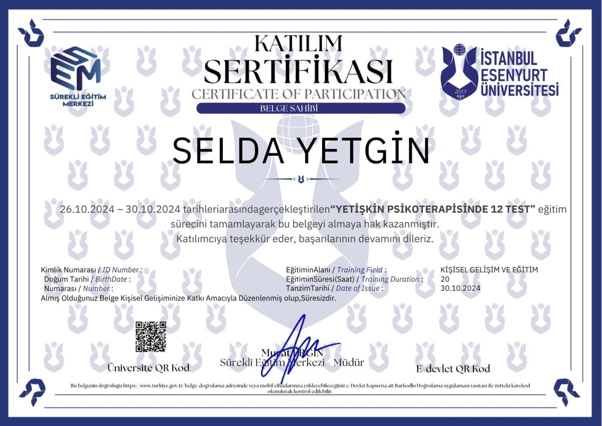 Manisa Psikolog - Selda Yetgin - Sertifika