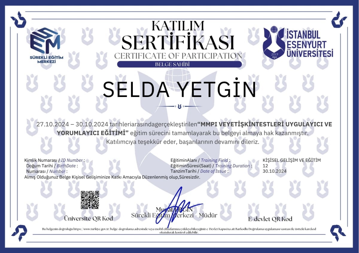 Manisa Psikolog - Selda Yetgin - Sertifika