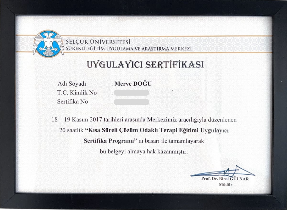 Manisa Psikolog - Merve Cinar - Sertifika
