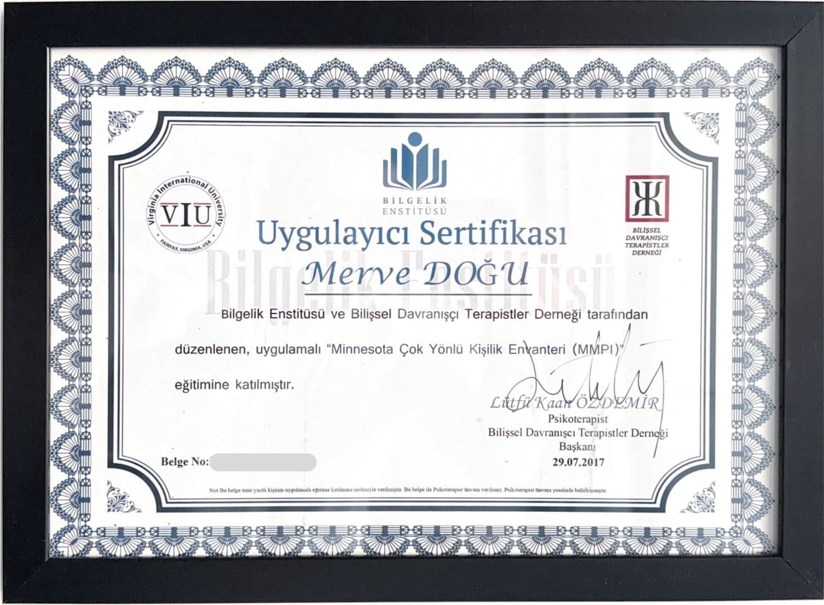 Manisa Psikolog - Merve Cinar - Sertifika