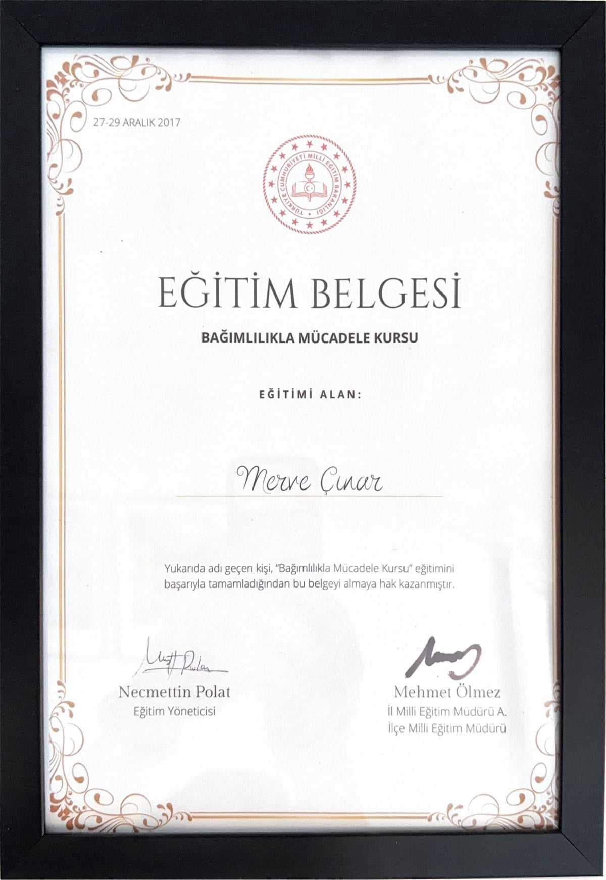Manisa Psikolog - Merve Cinar - Sertifika