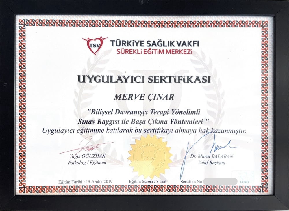 Manisa Psikolog - Merve Cinar - Sertifika