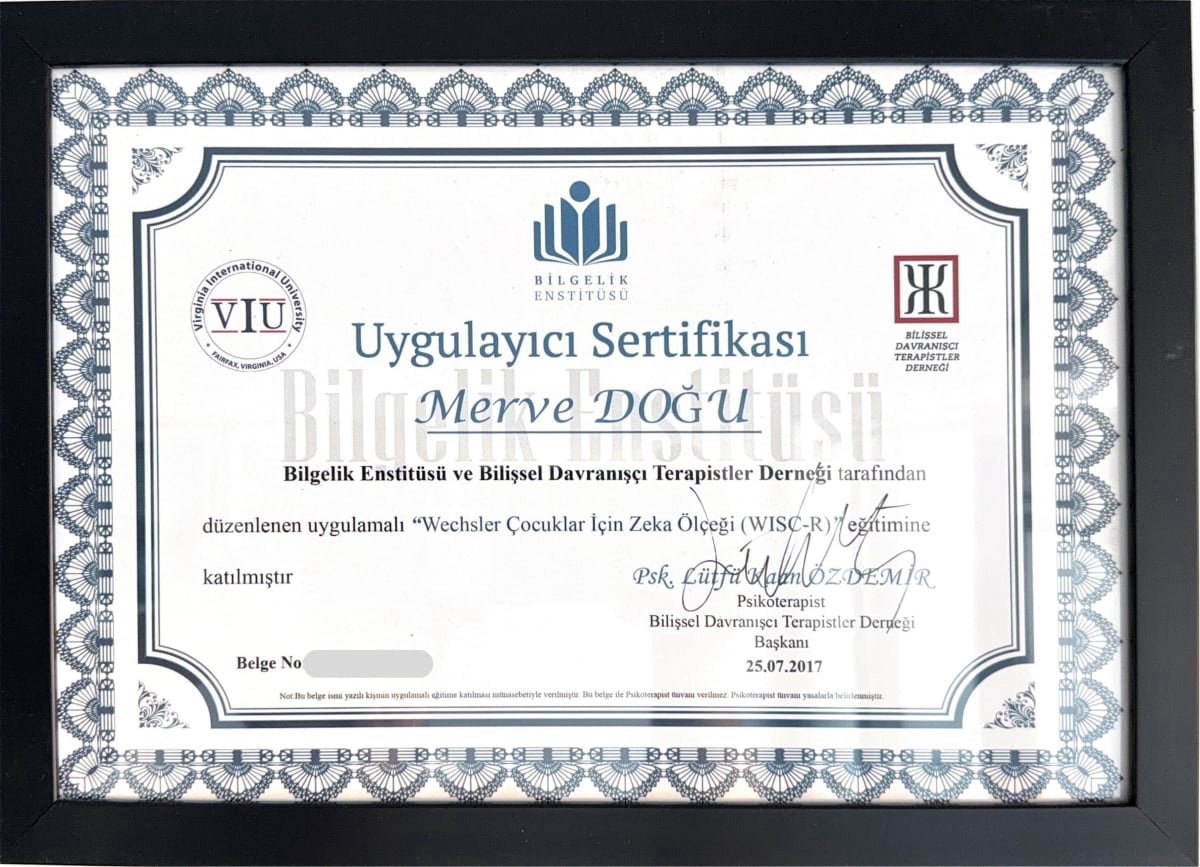 Manisa Psikolog - Merve Cinar - Sertifika