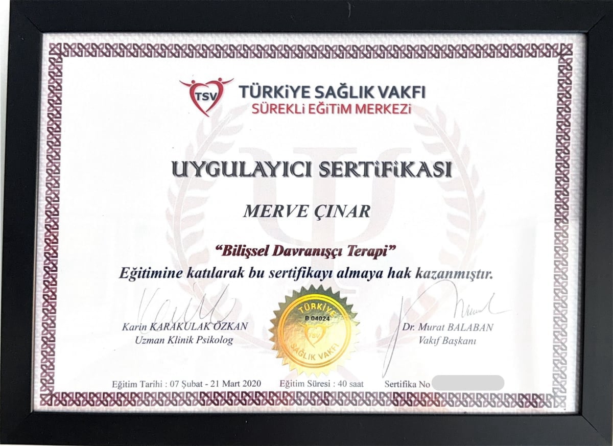 Manisa Psikolog - Merve Cinar - Sertifika