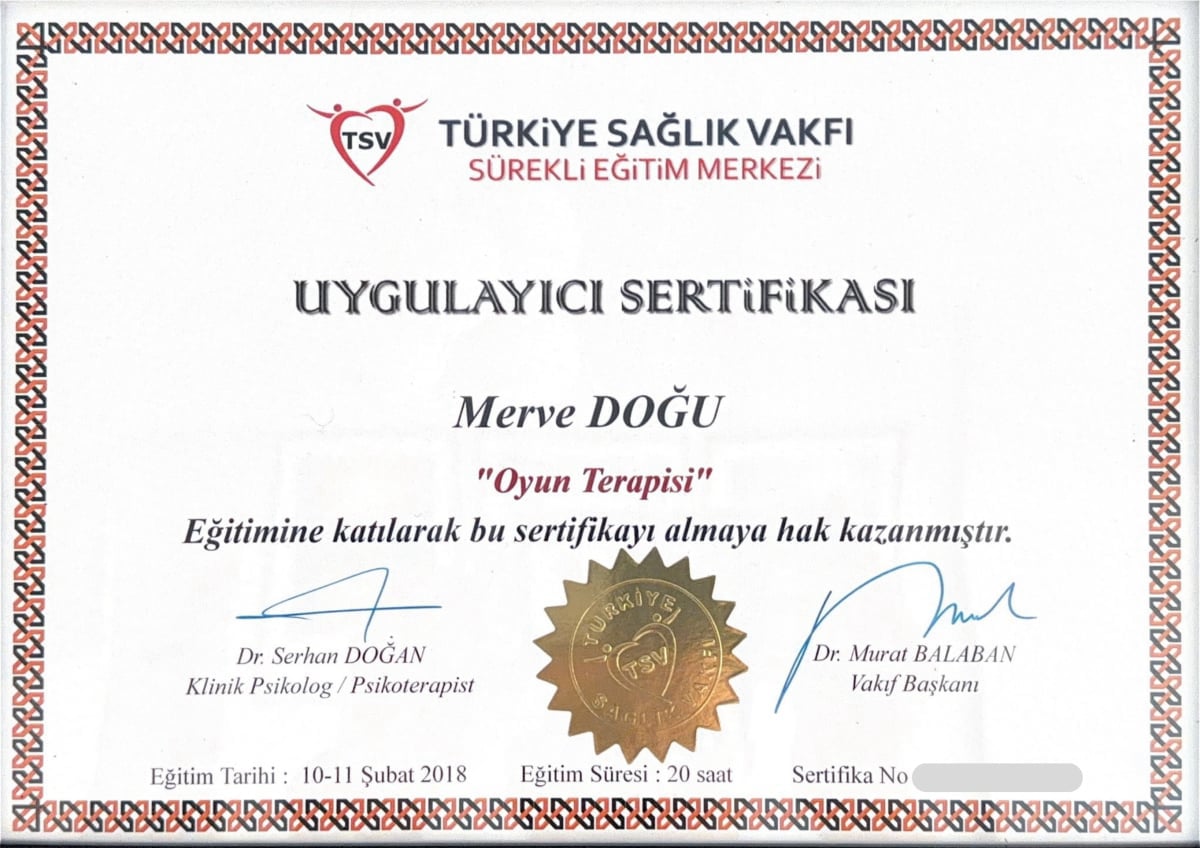 Manisa Psikolog - Merve Cinar - Sertifika